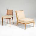 Th robsjohn gibbings and edward wormley lounge chair and side chair usa 1950s walnut mahogany cane and upholstery unmarked slipper chair 31 12 x 26 12 x 34
