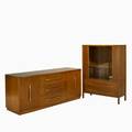 Th robsjohn gibbings widdicomb two cabinets usa 1950s walnut nickeled metal and glass unmarked china 54 x 40 x 16 sideboard 30 x 70 x 22