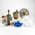 Scandinavian ceramics seven pieces rostrand lamp and inger persson teapot four royal coppenhagen pitcher by bode willumsen and oragami platter by kai frank all pieces marked lamp 14