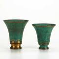 Carl sorenson two flared bronze vases in verdigris patina usa c1950 signed tallest 7