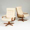 Je ekornes pair of tiltswivel lounge chairs denmark 1980s laminated wood leather and canvas unmarked each 38 12 x 29 12 x 32
