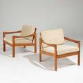 Illum wikkelso m eilersenas pair of lounge chairs denmark 1960s teak and wool foil labels each 27 x 27 12 x 29