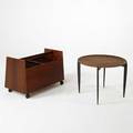 Fritz hansen bruksbo tray table and rolling magazine cart rosewood painted wood and chromed metal both labeled magazine stand 16 x 27 x 14 tray table 17 x 23 12 dia