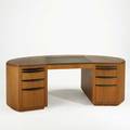Contemporary furniture custom oivoid executive desk usa late 20th c walnut with bronzed pulls and leather top unmarked 30 x 83 x 39