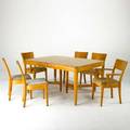 Heywood wakefield dining table with six chairs two arm four side with dropin seats and two leaves usa 1950s maple with champagne finish paper labels table 49 12 x 60 x 42