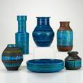 Bitossi grouping of six glazed vessels with embossed designs italy 1950s all marked tallest 12