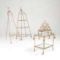 Italian four gilt iron pieces with twisted rope and tassels ca 1950s bar cart etagere easel and magazine stand unmarked etagere 69 12 x 32 x 17