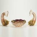 Murano glass grouping three pieces italy ca 1960 pair of fish and bowl all with cased gold leaf and amethyst glass unmarked fish 12
