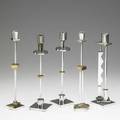 Ettore sottsass swid powell five silverplated and brass candlesticks italy 1980s stamped e sottsass swid powell silverplated made in italy tallest 13 12 x 2 14 x 2 14
