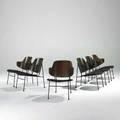 Ib kofodlarsen set of six lounge chairs denmark 1950s teak enameled steel rubber upholstery unmarked 29 x 21 x 24