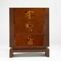 Andrew szoeke dropfront cabinet decorated in marquetry usa ca 1940 burl exotic woods mahogany unmarked 60 x 48 x 15 12