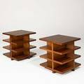 Eugene schoen attr pair of tiered sofa tables usa 1940s burlwood mahogany unmarked 25 sq