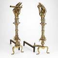 Andirons pair of handshaped andirons holding a brush or pen and a ball ca 1940 brass iron stamped 100r 28 x 9 x 19