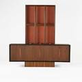 Vladimir kagan kagandreyfuss cabinet and illuminated vitrine no 210 usa 1950s sculpted walnut glass lacquered wood aluminum branded mark lower cabinet 32 14 x 84 x 22 vitrine 55