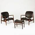 Finn juhl france and sons pair of lounge chairs with ottoman france 1958 teak recycled leather enameled metal france and sons and john stuart metal labels chair 31 x 31 12 x 31 ottoman