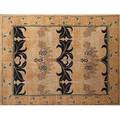 Style of william morris contemporary roomsize rug with art deco pattern in black ochre and violet unsigned 93 x 12