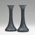 Walrath pair of candlesticks painted with trefoils rochester ny 1910s each incised walrath pottery 10 x 4 12