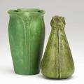 Grueby two vases with leaves matte green glazes boston ca 190510 both have stamped circular pottery mark 3 12 x 7 7 x 7 14