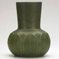Grueby large vessel with leaves matte green glaze boston ca 1910 stamped circular pottery mark ch 11 12 x 8 12