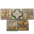 Grueby five tiles three floor tiles one with ship in cuenca and one geometric boston 1900s some stamped with numbers 6 sq