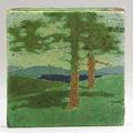 Grueby tile the pines boston ca 1910 partial paper label and artist initials 6 sq