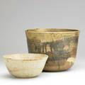 Toshiko takaezu two glazed stoneware vessels clinton nj signed tt 8 34 x 11 12 and 4 x 9