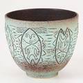 Scheier glazed ceramic vessel incised with figures inside fish green valley az 1990 signed and dated 5 34 x 6 34