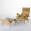 Bruno mathsson dux pernilla lounge chair and ottoman sweden 1970s laminated beech canvas and leather branded chair 38 x 34 x 35 and ottoman 16 x 25 x 26