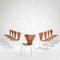Arne jacobsen fritz hansen set of nine sevener dining chairs denmark 1960s teak matte chromed steel rubber and plastic signed each 29 12 x 19 12 x 19 12