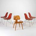 Charles  ray eames herman miller five dining chairs usa 1950s one dcw ash and four side chairs with vinyl seats on fiberglass shells and metal legs side chairs signed dcw 29 x 19 12 x 22