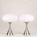 Laurel pair of mushroom table lamps frosted glass shades mounted on corseted brushed and chromed bases paper label each 17 x 13