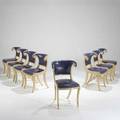 Style of versace set of eight dining chairs italy 1980s leather painted wood and brass trim unmarked 33 x 20 12 x 23