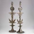 Tom corbin pair of tall bronze abstract totem table lamps 1992 signed and dated 35 x 9 x 8 14