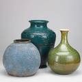 Studio pottery three vessels paul adams crystalline glaze vase ca 1974 textured stoneware vessel in blue glaze and emile lenoble vase with carved foliate decoration in teal glaze vases marked l