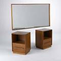 T h robsjohn gibbings widdicomb pair of nightstands and mirror usa 1950s walnut  nickeled brass and glass remnants of label each nightstands 25 12 x 19 x 15 14