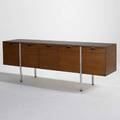 Rogers sprunger dunbar four door credenza usa 1970s walnut and chromed steel brass tag 27 x 76 x 18