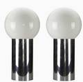 George kovacs pair of polished chrome cylindrical floor lamps with spherical white glass shades 35 x 12 dia