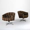Ward bennett brickel pair of swivel club chairs usa 1970s plaid upholstery chromed steel and polished aluminum unmarked each 29 x 30 x 29