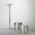Paul mayen habitat coat rack planter and lidded side table usa 1980s polished aluminum unmarked coat rack 71 x 27 sq planter 18 x 18 dia and side table 20 12 x 22 dia