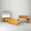 Heywood wakefield four piece bedroom suite double bed vanity with mirror vanity stool and nightstand usa 1940s maple with champagne finish branded vanity 60 x 48 x 18