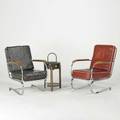 Art deco two lounge chairs and smoking stand usa 1940s chromed steel wood leatherette and painted metal unmarked taller chair 35 x 25 x 32