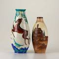 Boch freres two ceramic vases charles catteau vessel with landscape and houses and vase in crackle glaze with leaping dogs both marked taller 13