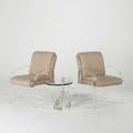 Les prismatiques side table together with a pair of armchairs france 1970s acrylic glass and upholstery side table signed chairs 35 x 24 x 30