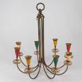 European lighting two pieces brass and multicolored enameled eightarm chandelier together with brass swingarm sconce mid20th c 23 x 21