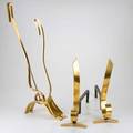 Moderne threepiece fireplace tool set and pair of andirons brass copper and steel tool set 25