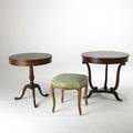 Furniture group two drum tables and french style upholstered stool 20th c largest 27 12 x 30 dia