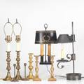 Candlesticks nine pieces 19th20th c four electrified and five brass tallest 23 12