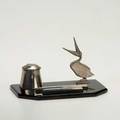 Art deco chrome and black ceramic inkwell with pen stand and pelican decoration 3 x 8 x 5