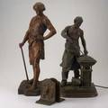 Blacksmith group three pieces 20th c le forgeron bronze figure white metal table lamp and bronze bookends lamp marked paris bronze figure 22