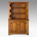 Country stepback cupboard pine and mixed woods with open scalloped top and paneled door base 19th c 69 12 x 44 x 19 12